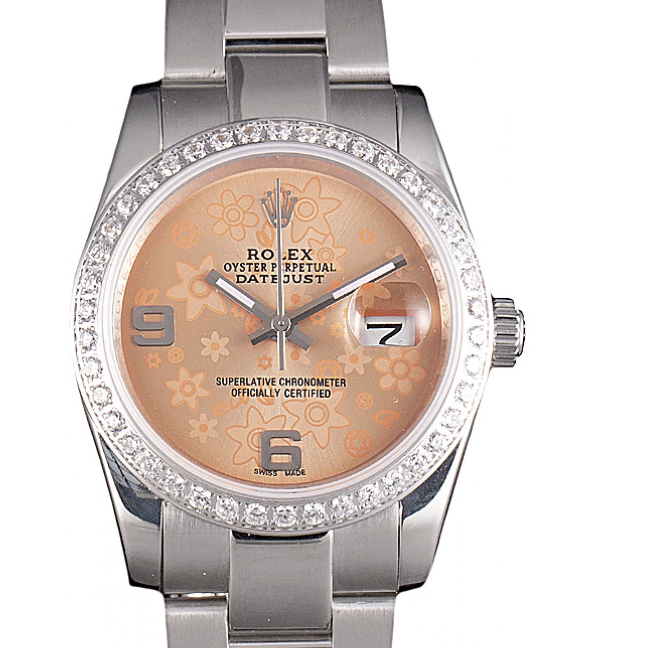Stainless Rolex Orange Diamond Dial Polished Flowers Plated Steel Datejust 0817